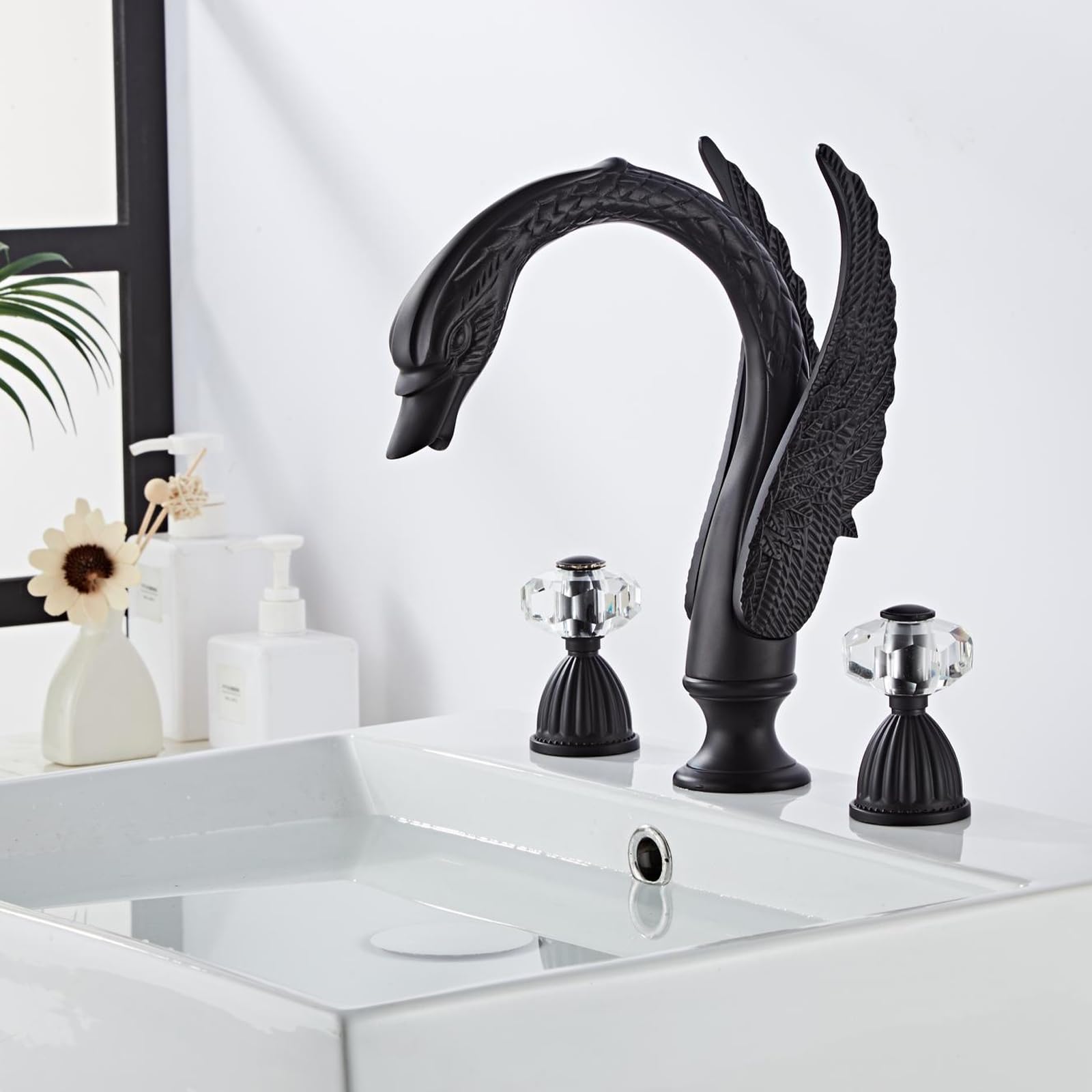Golden Black Ornate Swan Style Bathroom Sink Faucet Combo Deck